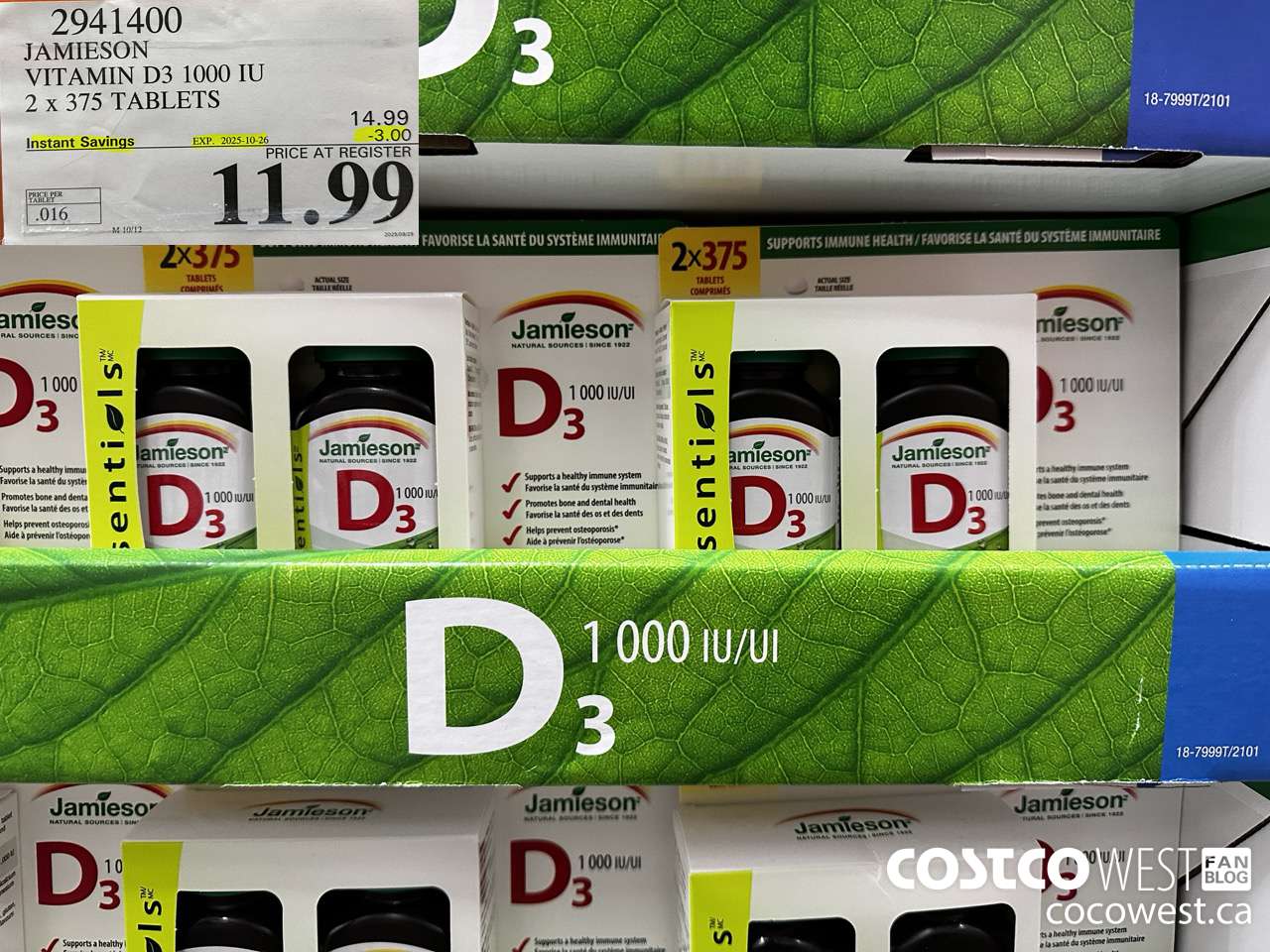 2941400 JAMIESON VITAMIN D3 1000IU 2X375 TABLETS ($3.00 INSTANT SAVINGS EXPIRES ON 2025-10-26) $11.99
