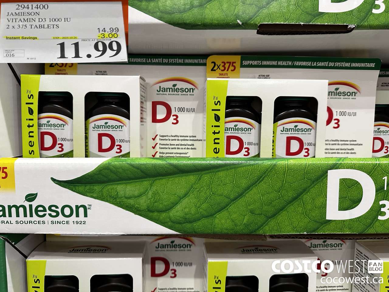 2941400 JAMIESON VITAMIN D3 1000IU 2X375 TABLETS ($3.00 INSTANT SAVINGS EXPIRES ON 2025-10-26) $11.99