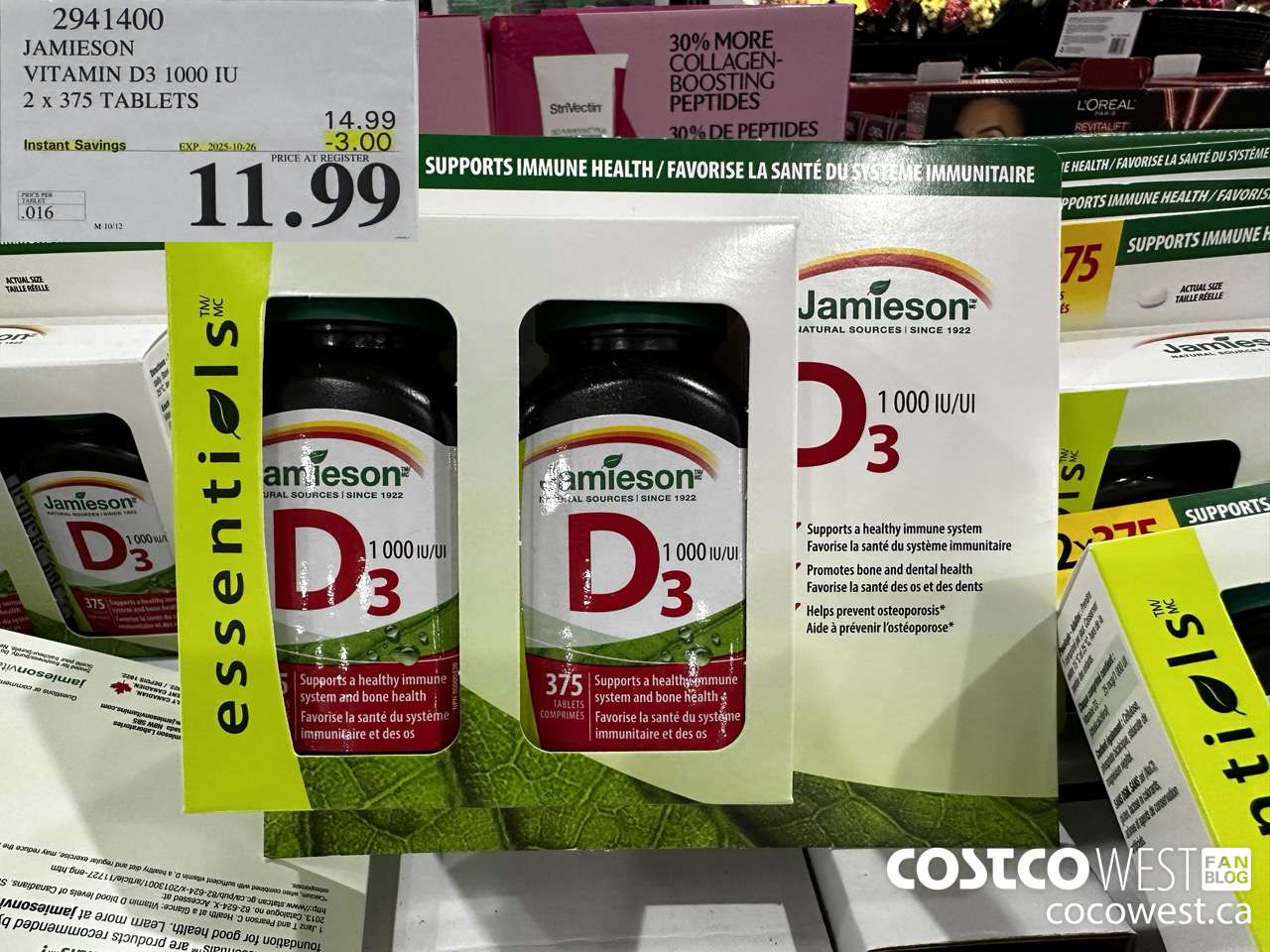 2941400 JAMIESON VITAMIN D3 1000IU 2X375 TABLETS ($3.00 INSTANT SAVINGS EXPIRES ON 2025-10-26) $11.99
