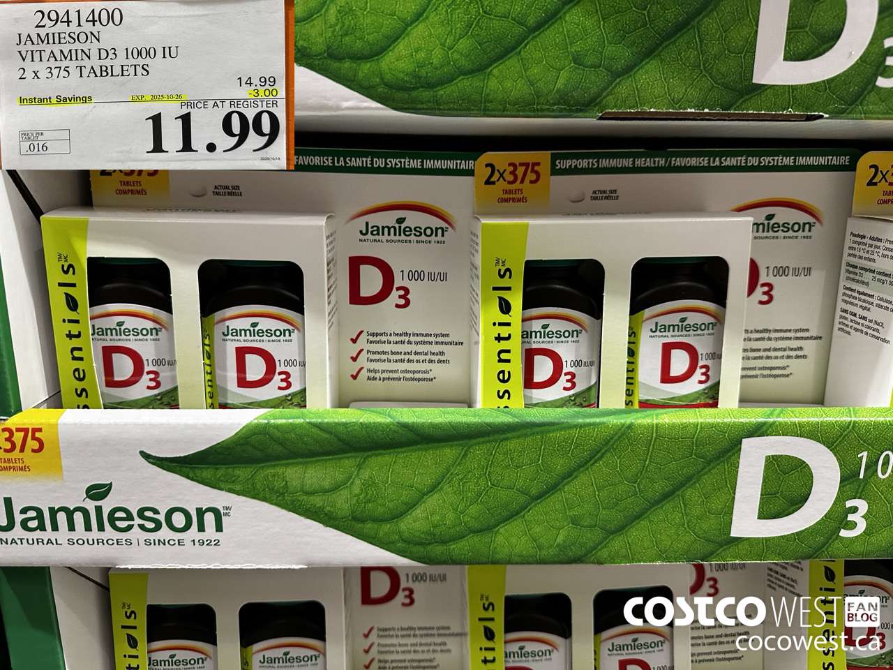 2941400 JAMIESON VITAMIN D3 1000IU 2X375 TABLETS ($3.00 INSTANT SAVINGS EXPIRES ON 2025-10-26) $11.99