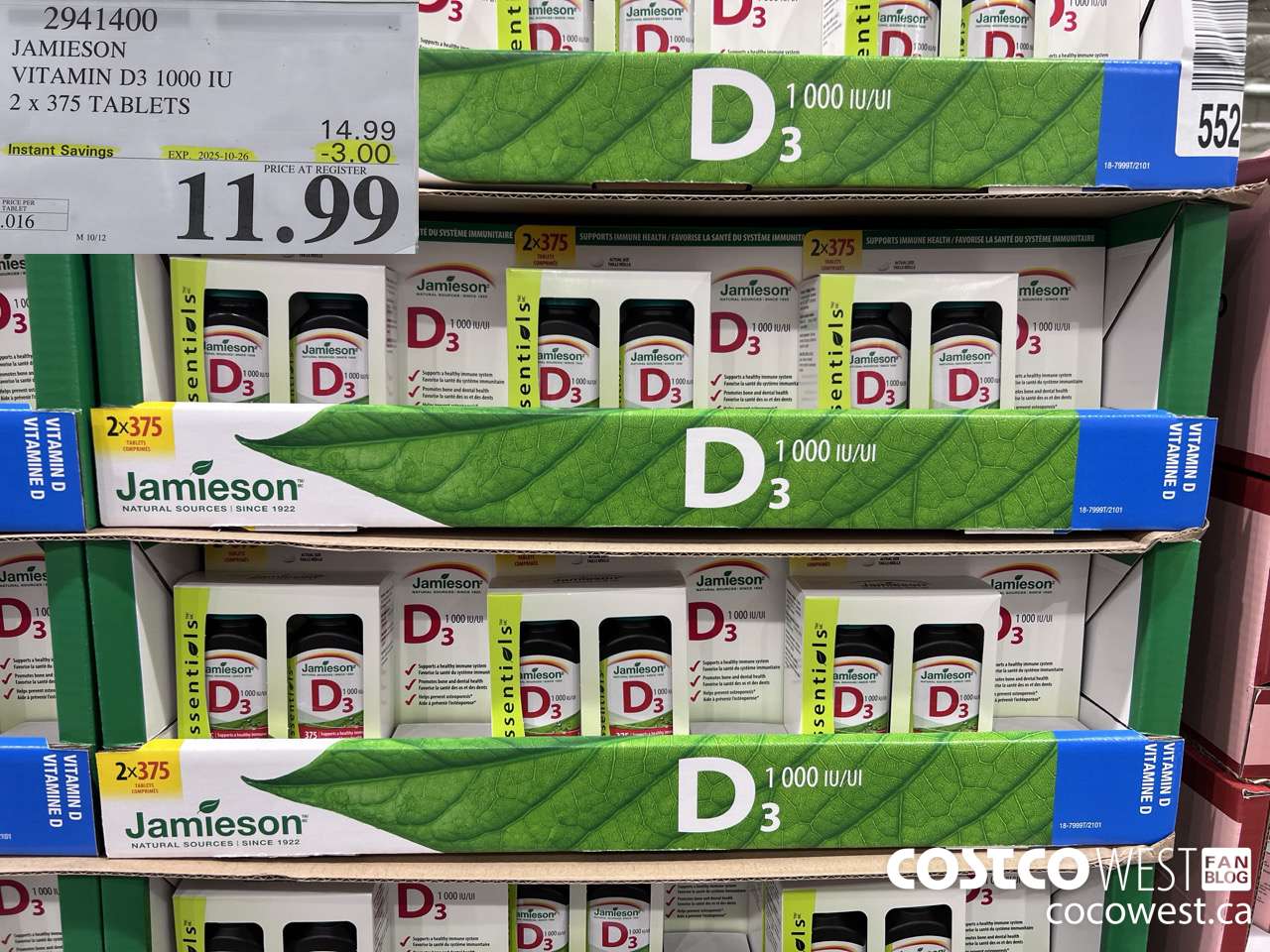 2941400 JAMIESON VITAMIN D3 1000IU 2X375 TABLETS ($3.00 INSTANT SAVINGS EXPIRES ON 2025-10-26) $11.99