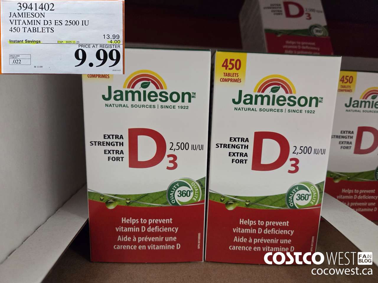 3941402 JAMIESON VITAMIN D3 2500IU 450 TABLETS ($4.00 INSTANT SAVINGS EXPIRES ON 2025-11-23) $9.99