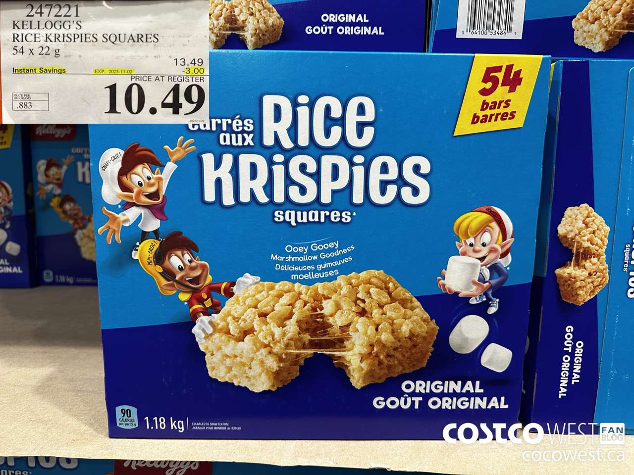 247221 KELLOGG'S RICE KRISPIES SQUARES 54 X 22 G ($3.00 INSTANT SAVINGS EXPIRES ON 2025-11-02) $10.49
