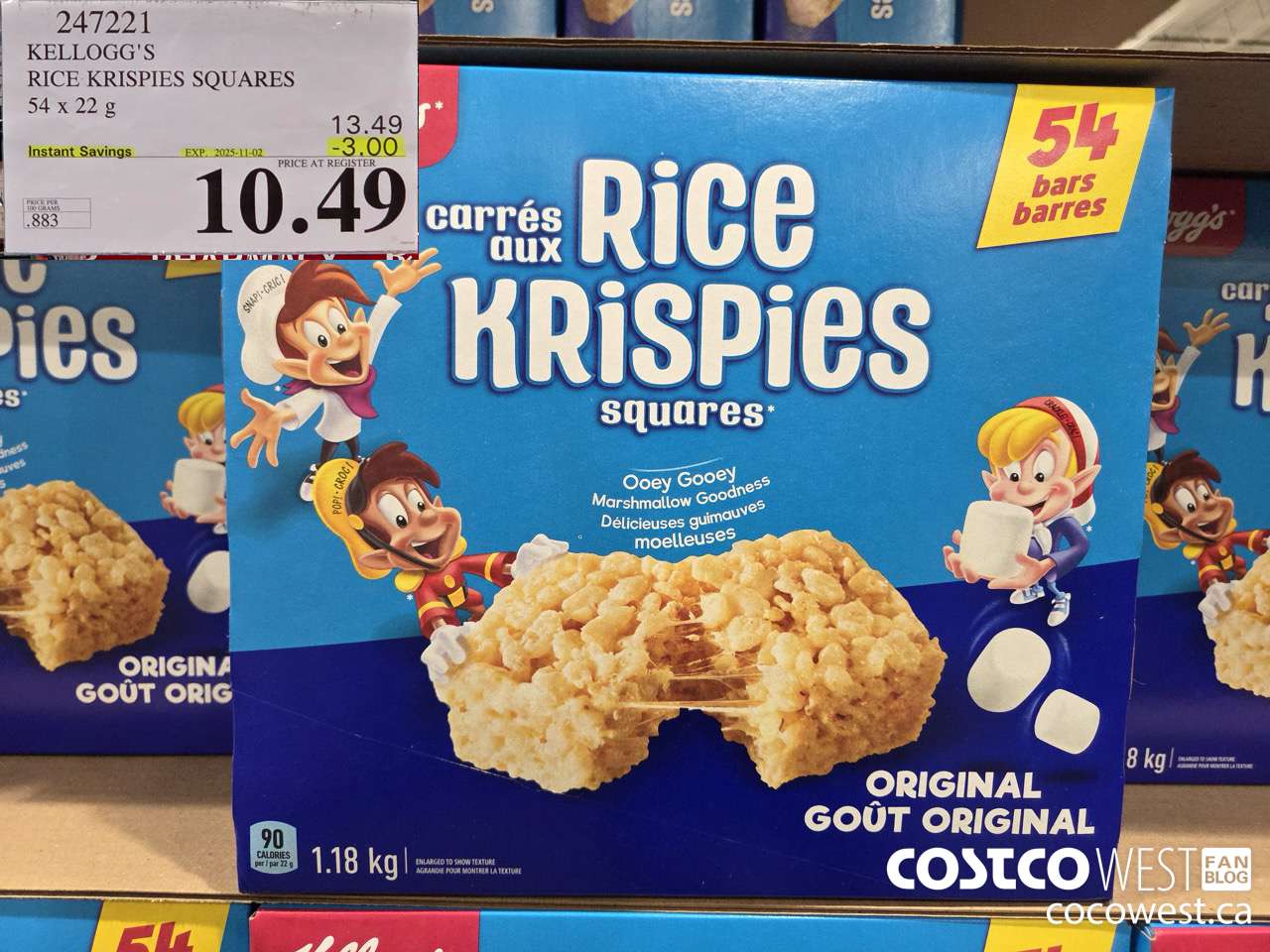 247221 KELLOGG'S RICE KRISPIES SQUARES 54 X 22 G ($3.00 INSTANT SAVINGS EXPIRES ON 2025-11-02) $10.49