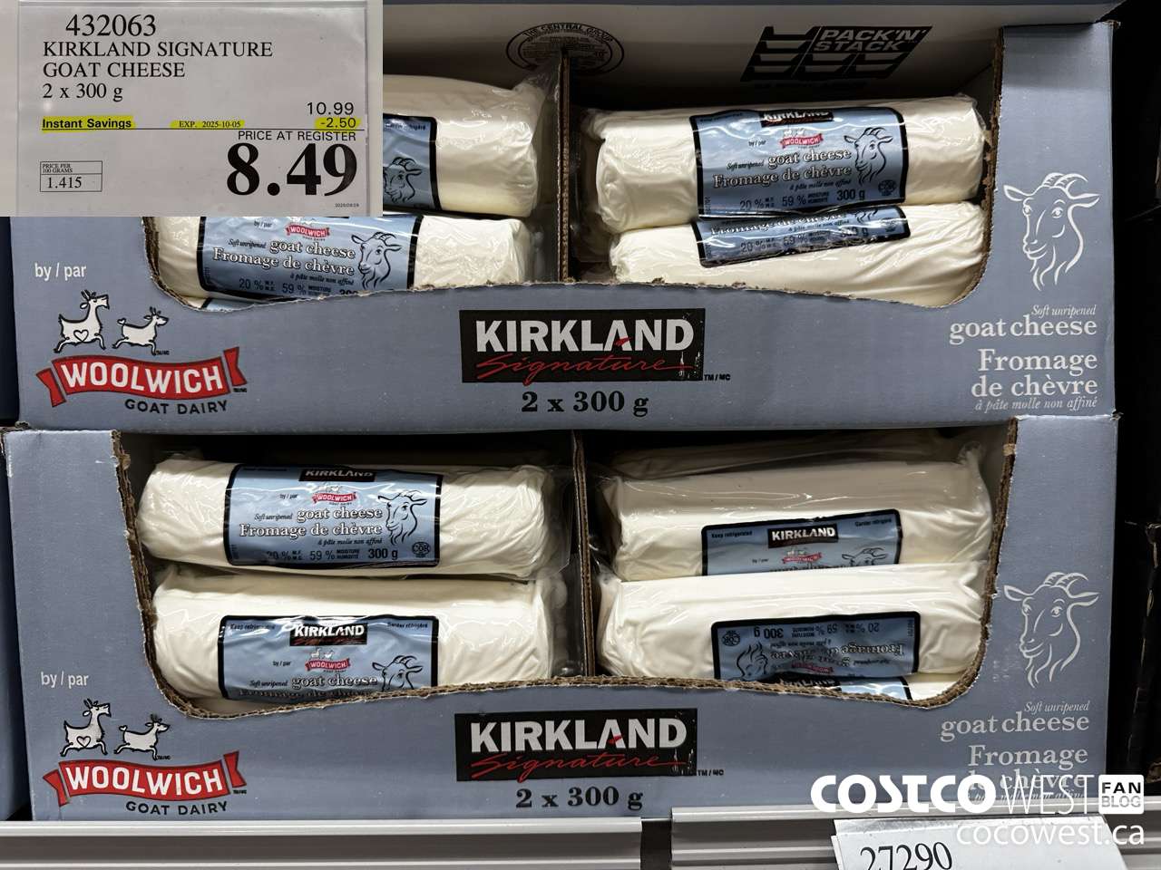 432063 KIRKLAND SIGNATURE GOAT CHEESE 2 x 300 g ($2.50 INSTANT SAVINGS EXPIRES ON 2025-10-05) $8.49