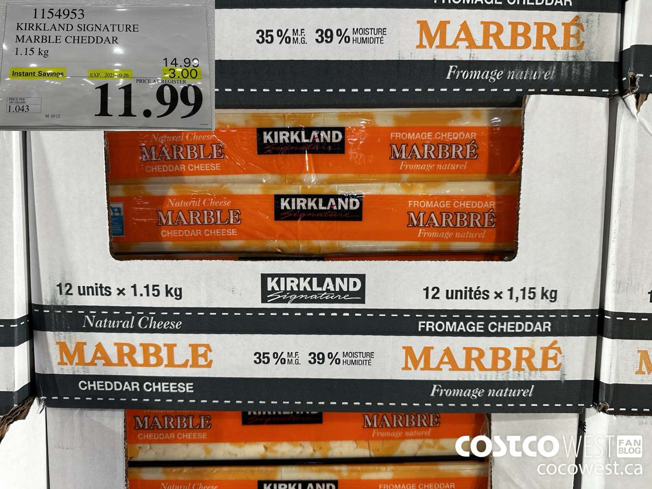 1154953 KIRKLAND SIGNATURE MARBLE CHEDDAR 1.15 KG ($3.00 INSTANT SAVINGS EXPIRES ON 2025-10-26) $11.99