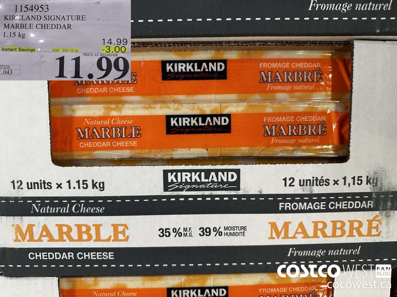 1154953 KIRKLAND SIGNATURE MARBLE CHEDDAR 1.15 KG ($3.00 INSTANT SAVINGS EXPIRES ON 2025-10-26) $11.99