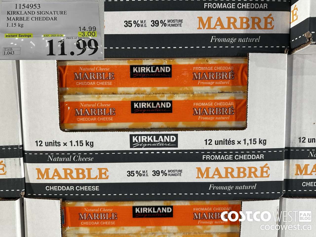1154953 KIRKLAND SIGNATURE MARBLE CHEDDAR 1.15 KG ($3.00 INSTANT SAVINGS EXPIRES ON 2025-10-26) $11.99