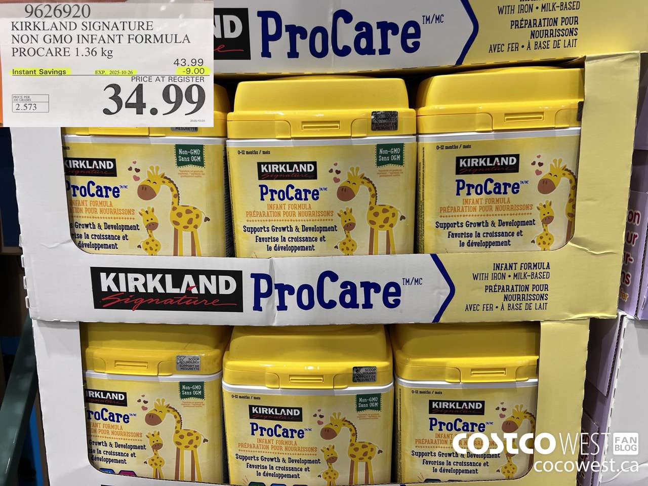 9626920 KIRKLAND SIGNATURE NON GMO INFANT FORMULA PROCARE 1.36KG ($9.00 INSTANT SAVINGS EXPIRES ON 2025-10-26) $34.99