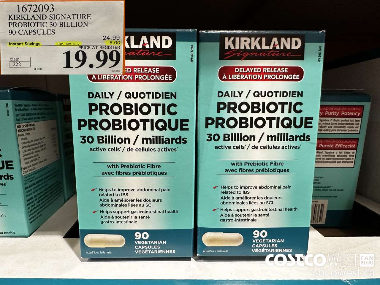 1672093 KIRKLAND SIGNATURE PROBIOTIC 30 BILLION 90 VEGETARIAN CAPSULES ($5.00 INSTANT SAVINGS EXPIRES ON 2025-10-12) $19.99
