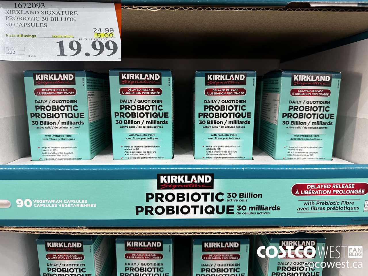 1672093 KIRKLAND SIGNATURE PROBIOTIC 30 BILLION 90 VEGETARIAN CAPSULES ($5.00 INSTANT SAVINGS EXPIRES ON 2025-10-12) $19.99