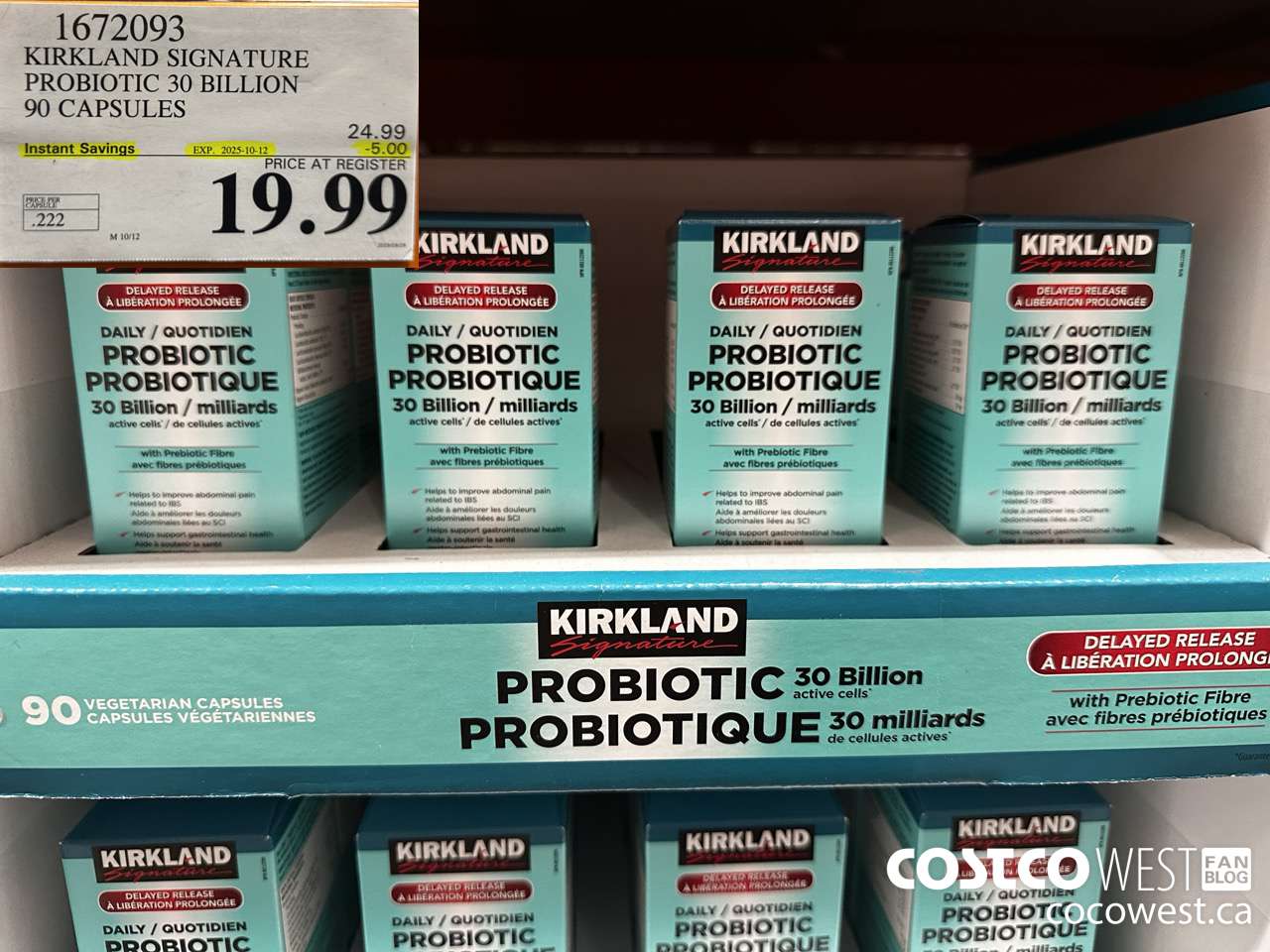 1672093 KIRKLAND SIGNATURE PROBIOTIC 30 BILLION 90 VEGETARIAN CAPSULES ($5.00 INSTANT SAVINGS EXPIRES ON 2025-10-12) $19.99