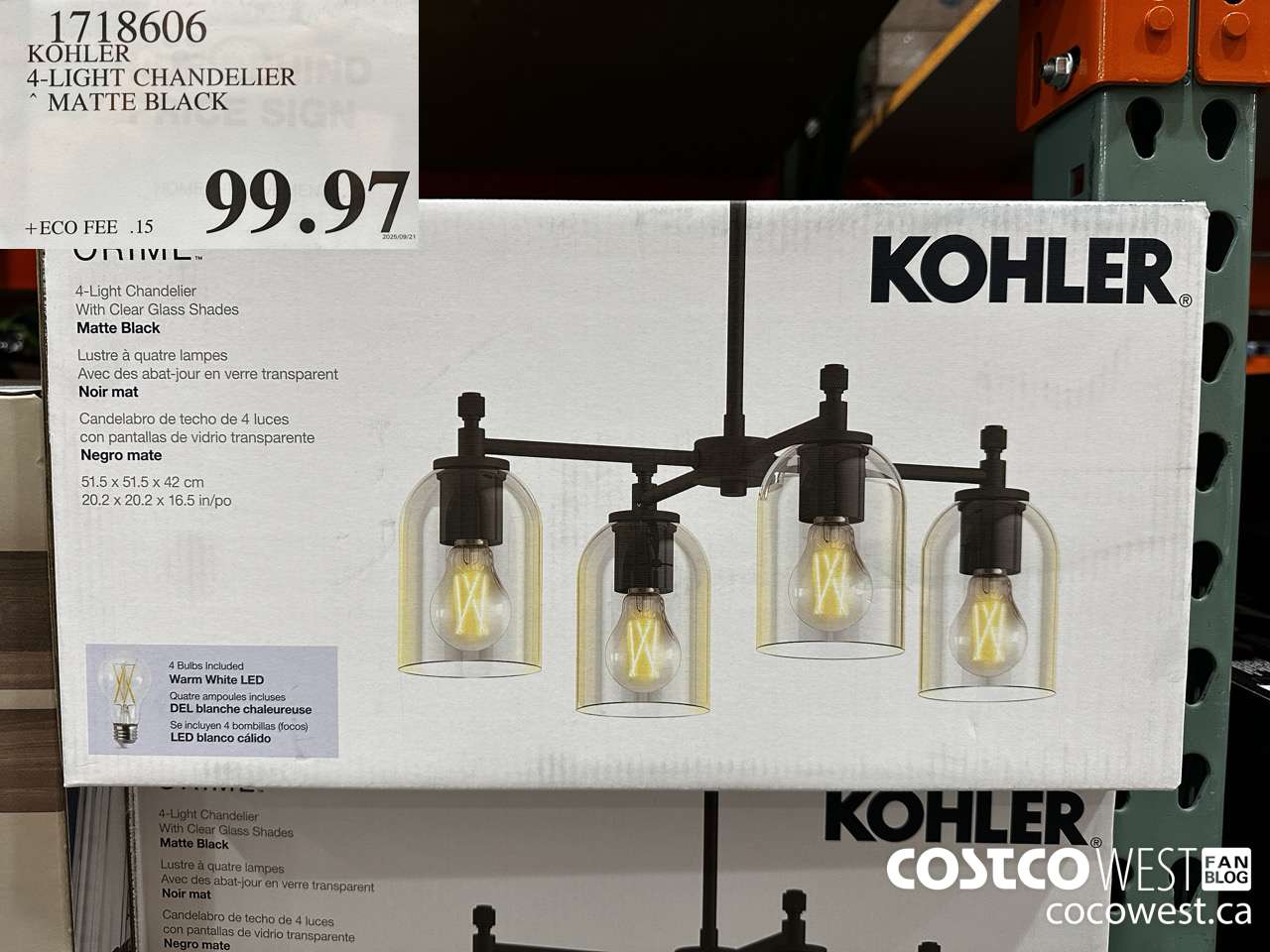 1718606 KOHLER 4-LIGHT CHANDELIER MATTE BLACK $99.97