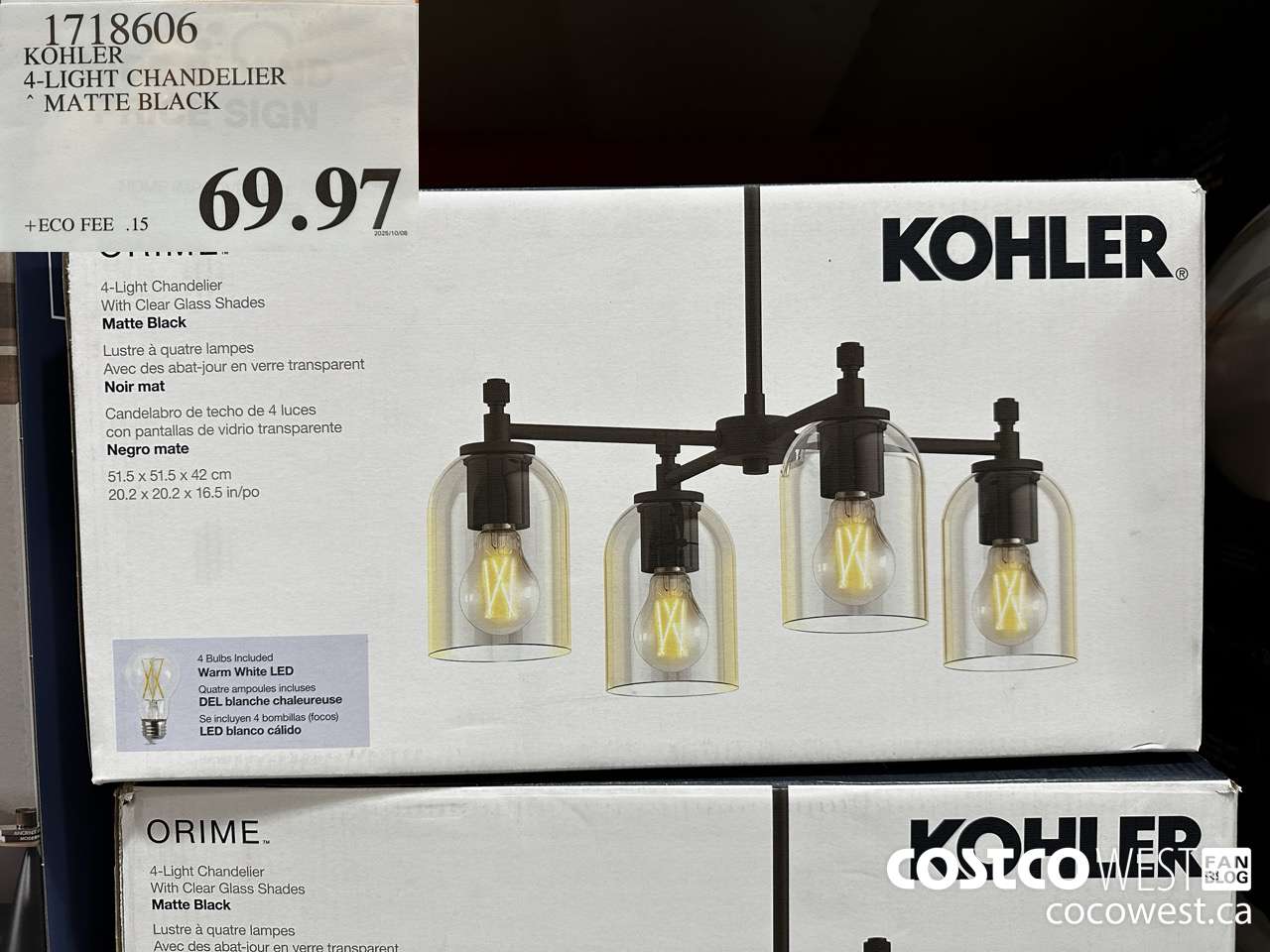 1718606 KOHLER 4-LIGHT CHANDELIER MATTE BLACK $69.97