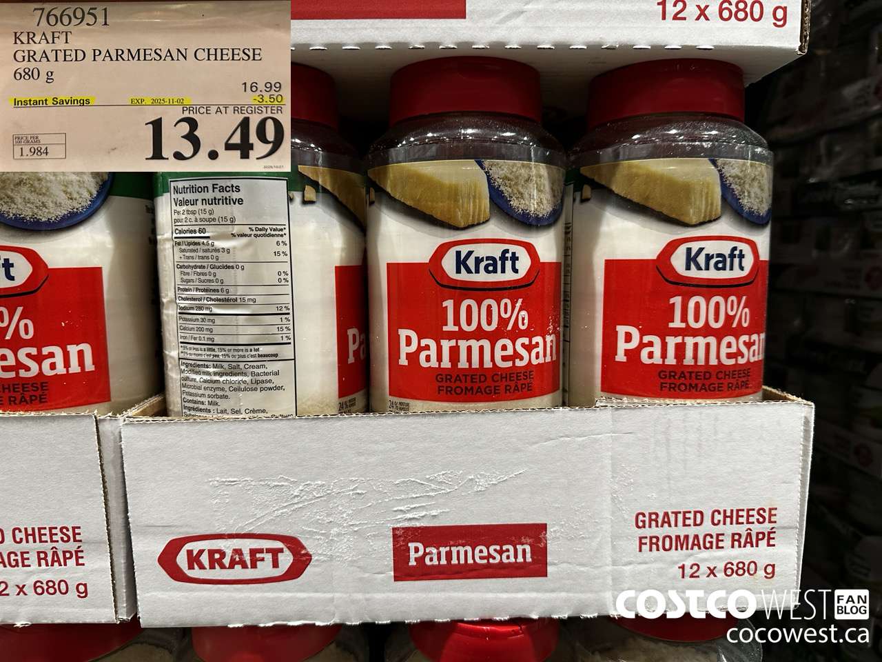 766951 KRAFT GRATED PARMESAN CHEESE 680 g ($3.50 INSTANT SAVINGS EXPIRES ON 2025-11-02) $13.49