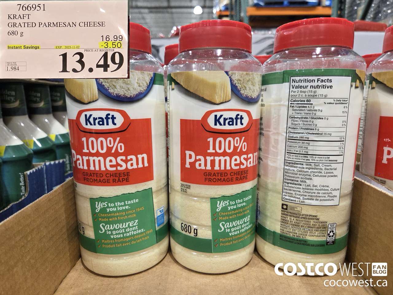 766951 KRAFT GRATED PARMESAN CHEESE 680 g ($3.50 INSTANT SAVINGS EXPIRES ON 2025-11-02) $13.49
