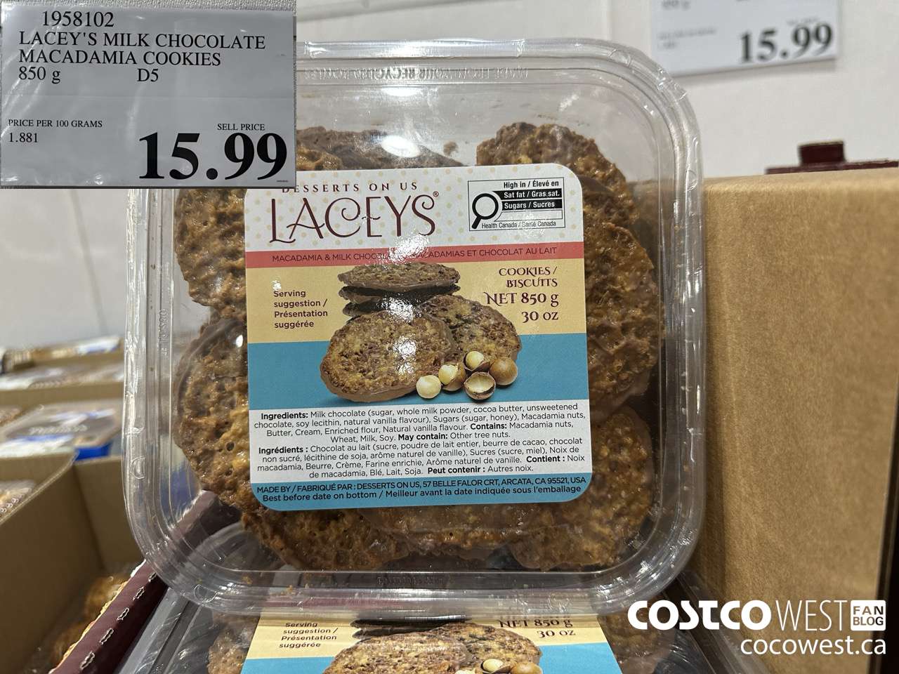 1958102 LACEY'S MILK CHOCOLATE MACADAMIA COOKIES 850G $15.99