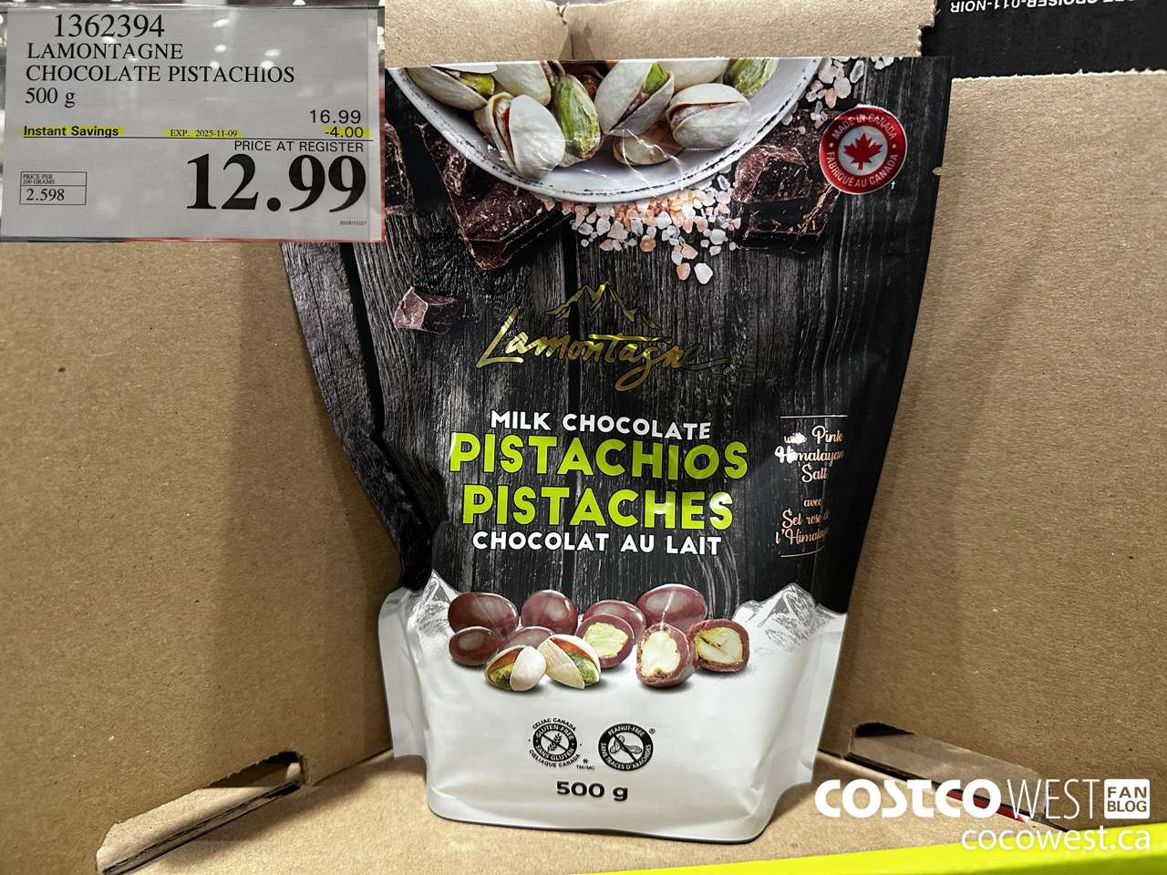 1362394 LAMONTAGNE CHOCOLATE PISTACHIOS 500 g ($4.00 INSTANT SAVINGS EXPIRES ON 2025-11-09) $12.99
