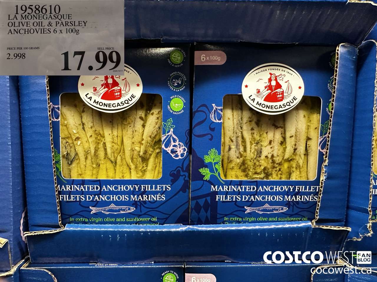 1958610 LA MONAGESQUE OLIVE OIL & PARSLEY ANCHOVIES 6 X 100G $17.99