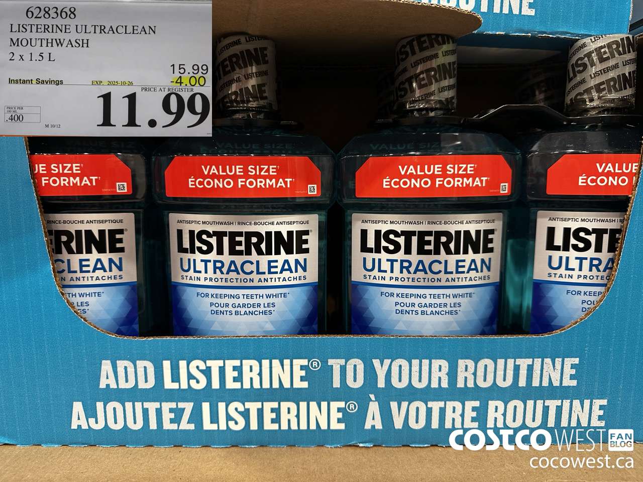 628368 LISTERINE ULTRACLEAN MOUTHWASH 2 X 1.5L ($4.00 INSTANT SAVINGS EXPIRES ON 2025-10-26) $11.99