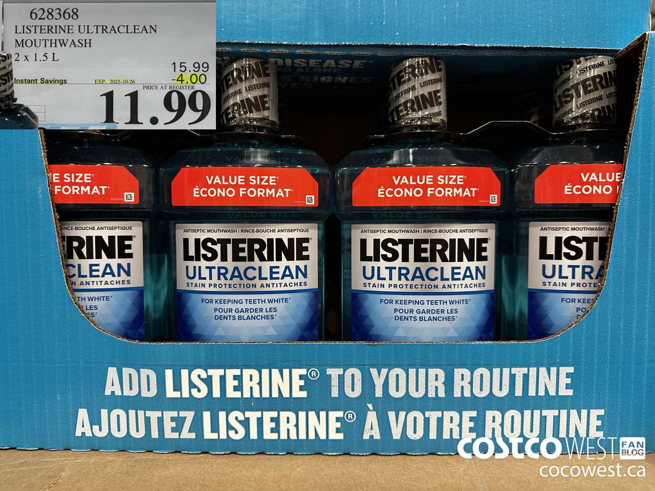 628368 LISTERINE ULTRACLEAN MOUTHWASH 2 X 1.5L ($4.00 INSTANT SAVINGS EXPIRES ON 2025-10-26) $11.99