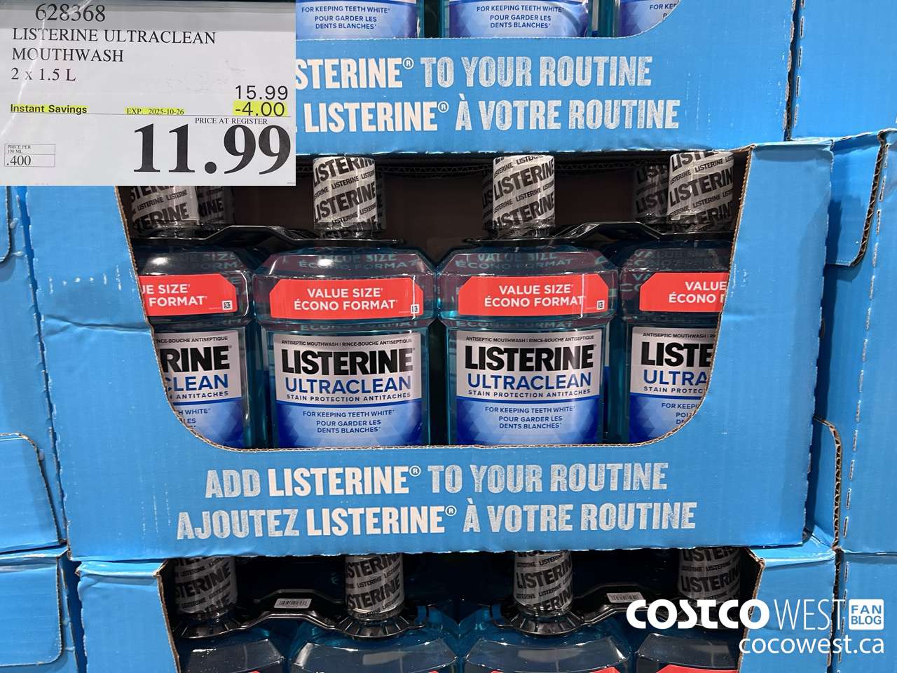 628368 LISTERINE ULTRACLEAN MOUTHWASH 2 X 1.5L ($4.00 INSTANT SAVINGS EXPIRES ON 2025-10-26) $11.99