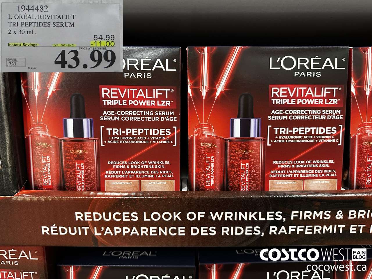 1944482 L'OREAL REVITALIFT TRI-PEPTIDES SERUM 2 X 30ML ($11.00 INSTANT SAVINGS EXPIRES ON 2025-10-26) $43.99