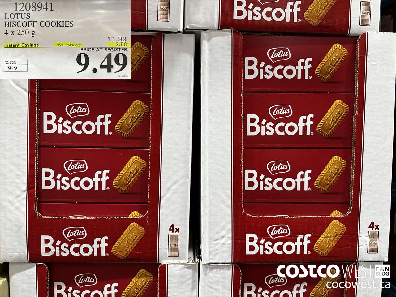 1208941 LOTUS BISCOFF COOKIE 4 x 250 g ($2.50 INSTANT SAVINGS EXPIRES ON 2025-10-26) $9.49