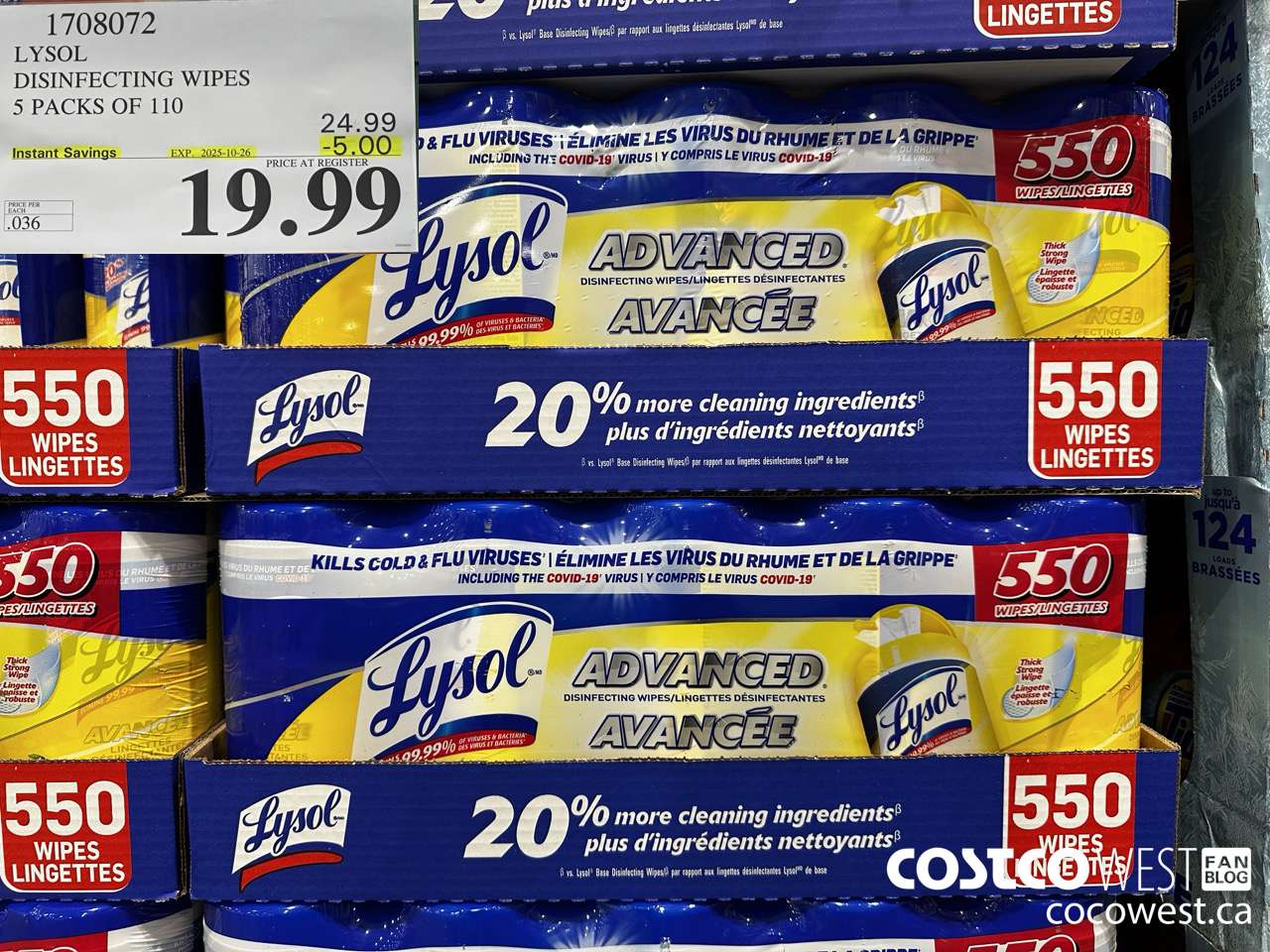 1708072 LYSOL DISINFECTING WIPES 5 X 110 WIPES ($5.00 INSTANT SAVINGS EXPIRES ON 2025-10-26) $19.99