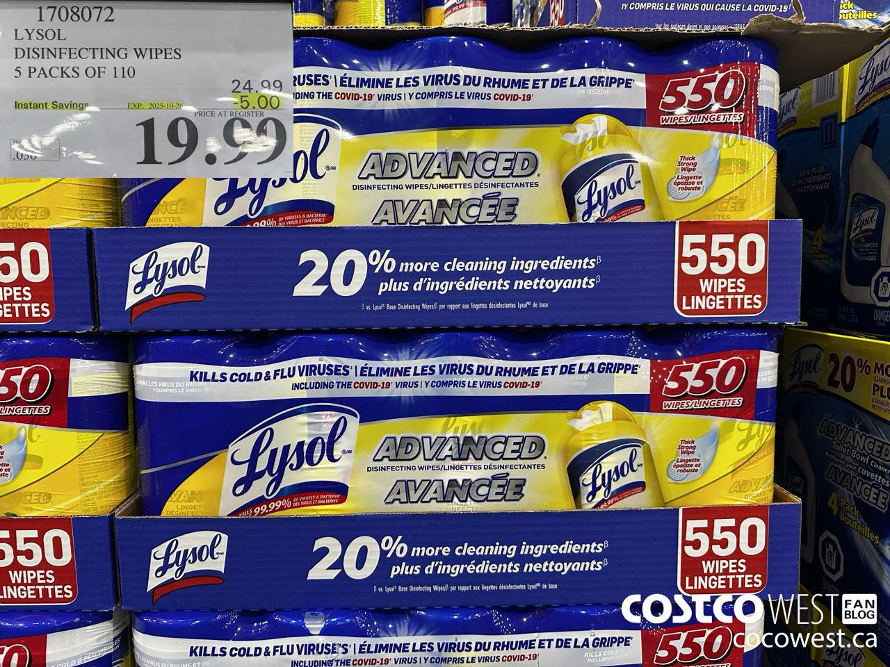 1708072 LYSOL DISINFECTING WIPES 5 X 110 WIPES ($5.00 INSTANT SAVINGS EXPIRES ON 2025-10-26) $19.99