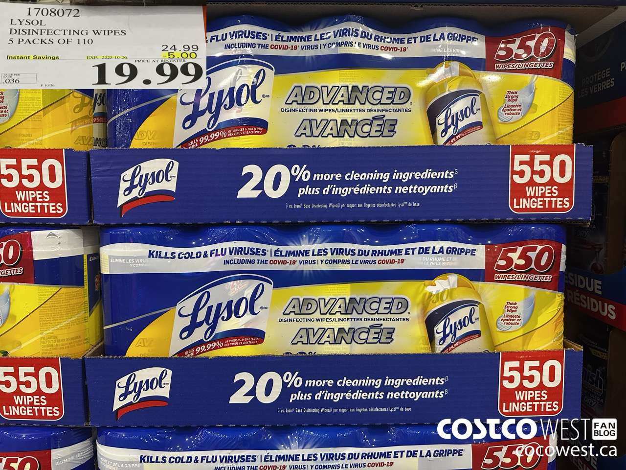 1708072 LYSOL DISINFECTING WIPES 5 X 110 WIPES ($5.00 INSTANT SAVINGS EXPIRES ON 2025-10-26) $19.99