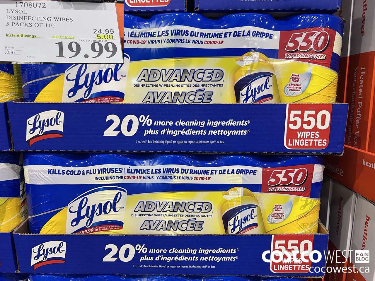 1708072 LYSOL DISINFECTING WIPES 5 X 110 WIPES ($5.00 INSTANT SAVINGS EXPIRES ON 2025-10-26) $19.99