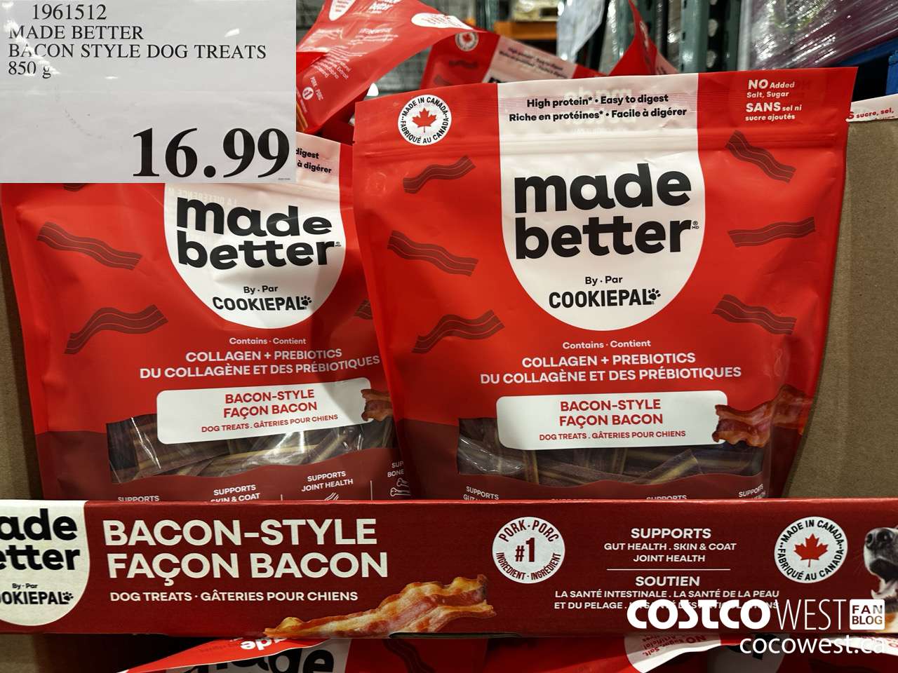 1961512 MADE BETTER BACON STYLE DOG TREATS 850G $16.99