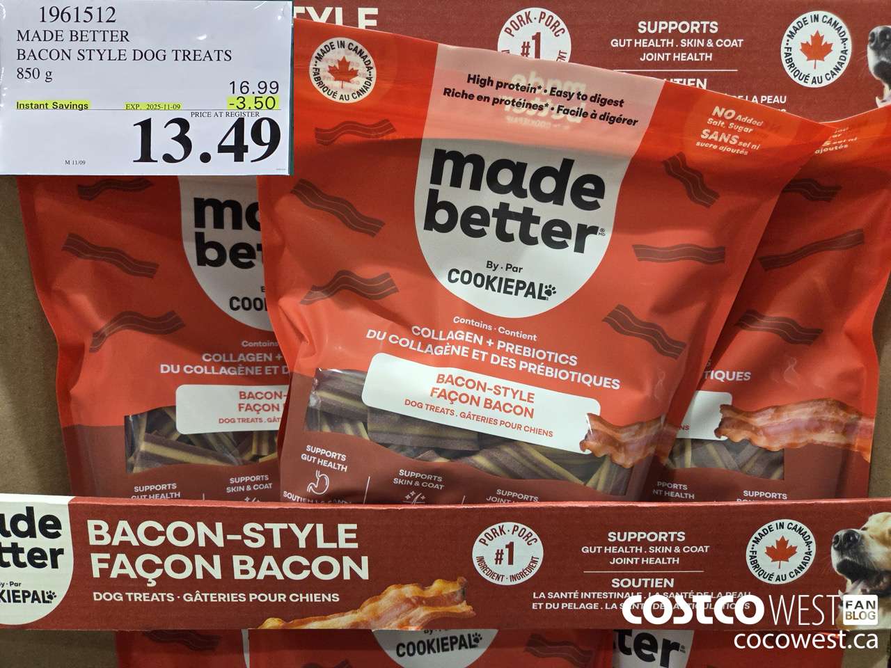 1961512 MADE BETTER BACON STYLE DOG TREATS 850G ($3.50 INSTANT SAVINGS EXPIRES ON 2025-11-09) $13.49