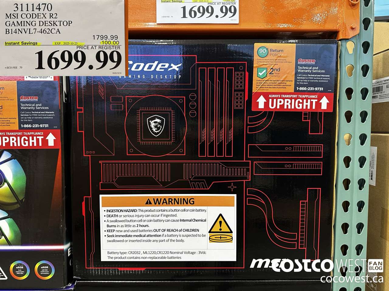 3111470 MSI CODEX R2 GAMING DESKTOP B14NVL7-462CA ($100.00 INSTANT SAVINGS EXPIRES ON 2025-10-23) $1699.99