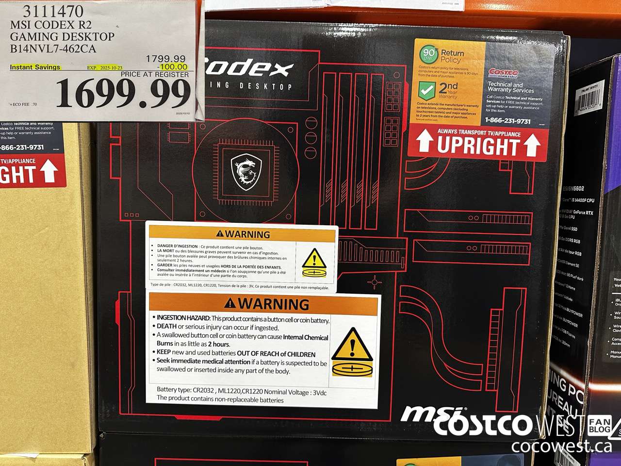 3111470 MSI CODEX R2 GAMING DESKTOP B14NVL7-462CA ($100.00 INSTANT SAVINGS EXPIRES ON 2025-10-23) $1699.99