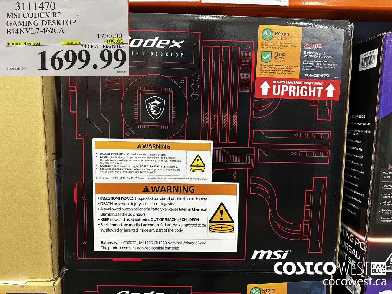 3111470 MSI CODEX R2 GAMING DESKTOP B14NVL7-462CA ($100.00 INSTANT SAVINGS EXPIRES ON 2025-10-23) $1699.99