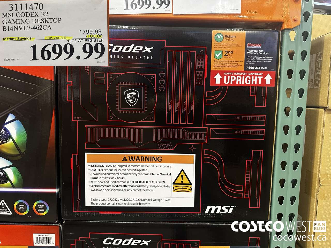 3111470 MSI CODEX R2 GAMING DESKTOP B14NVL7-462CA ($100.00 INSTANT SAVINGS EXPIRES ON 2025-10-23) $1699.99