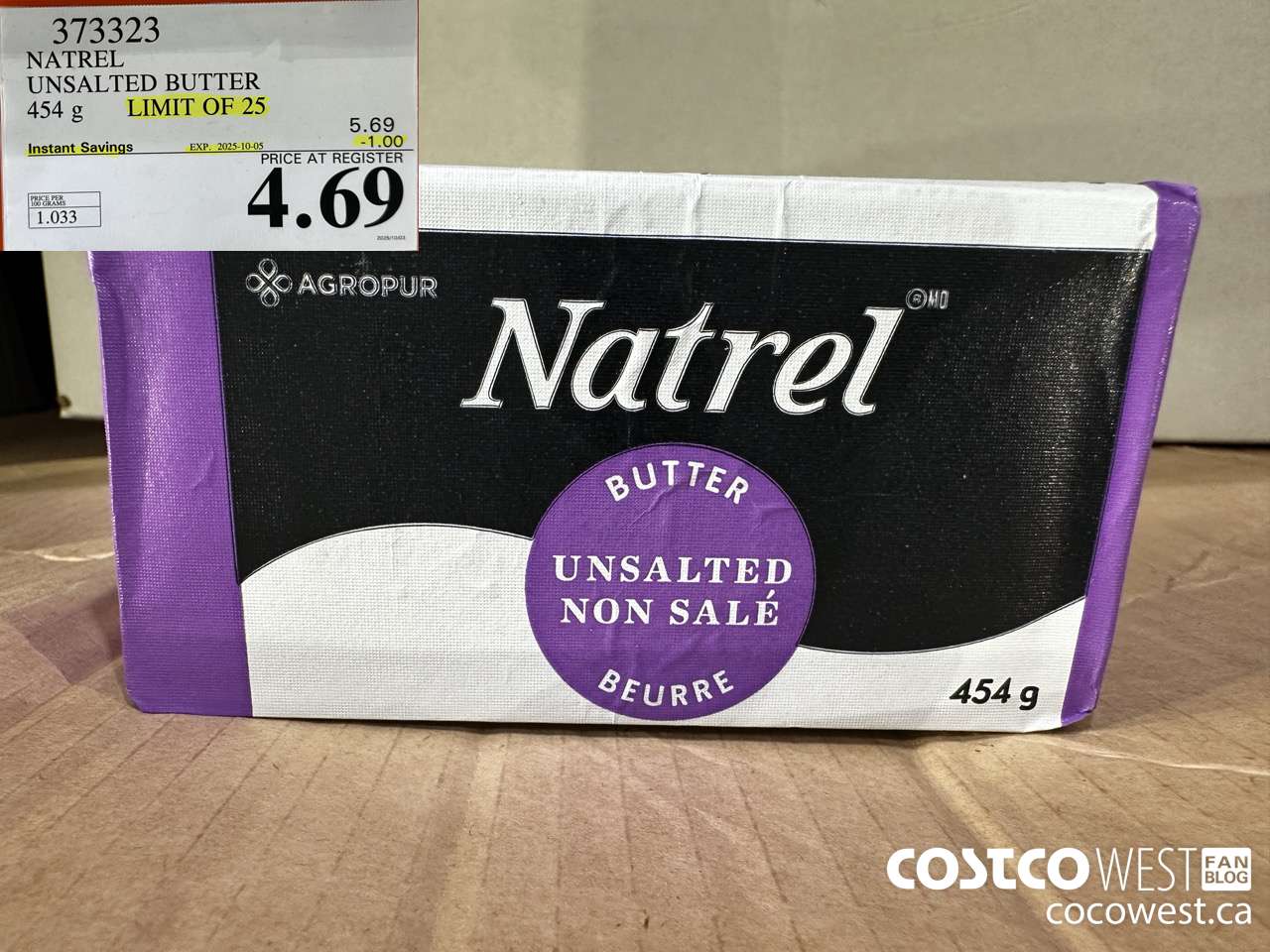 373323 NATREL UNSALTED BUTTER 454 g ($1.00 INSTANT SAVINGS EXPIRES ON 2025-10-05) $4.69