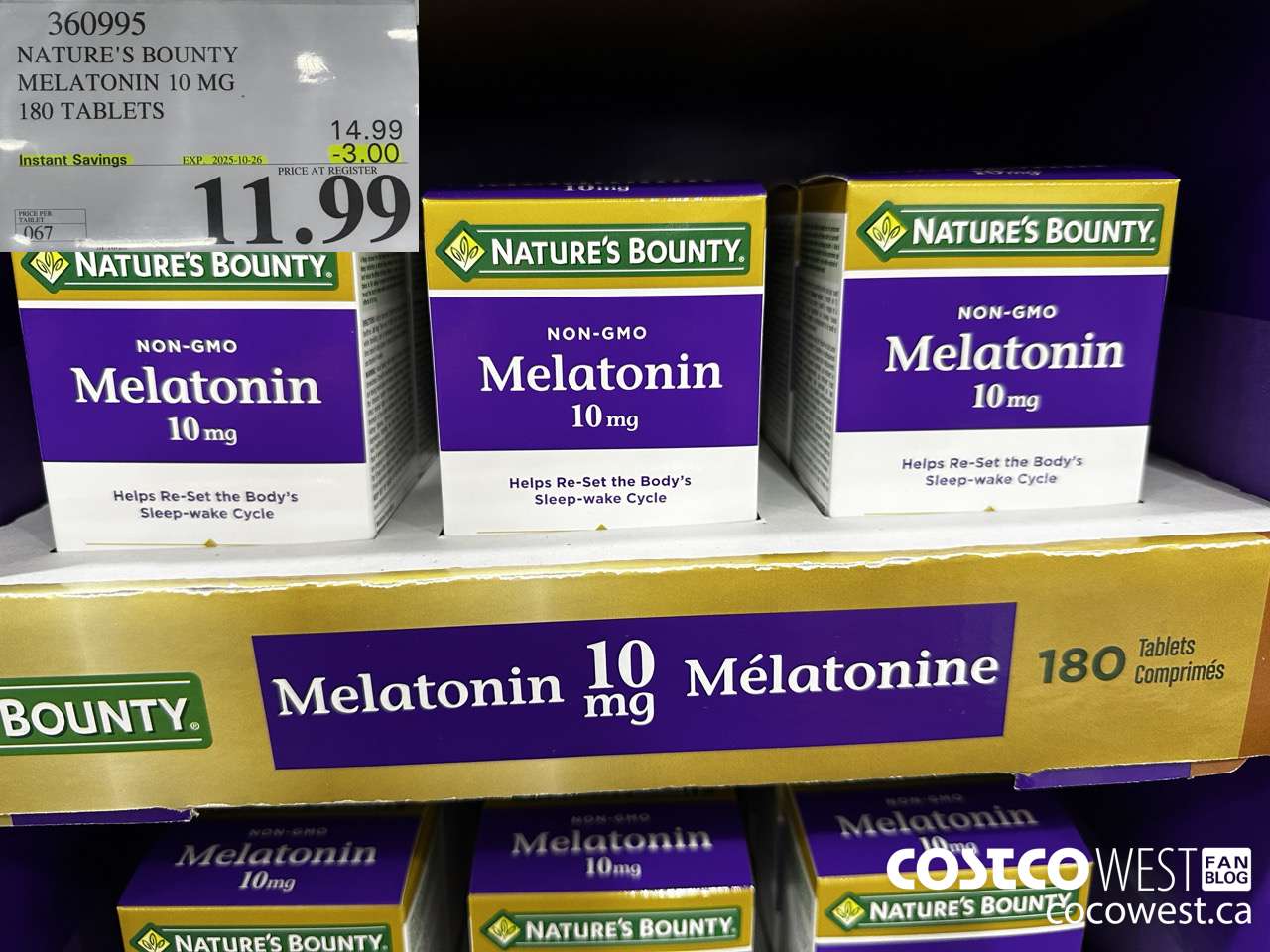 360995 NATURE'S BOUNTY MELATONIN 180 TABLETS ($3.00 INSTANT SAVINGS EXPIRES ON 2025-10-26) $11.99