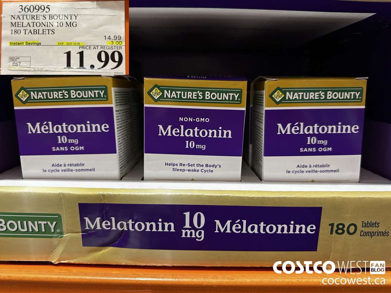 360995 NATURE'S BOUNTY MELATONIN 180 TABLETS ($3.00 INSTANT SAVINGS EXPIRES ON 2025-10-26) $11.99
