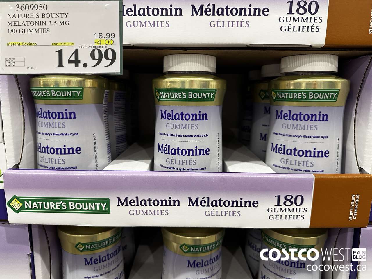 3609950 NATURE'S BOUNTY MELATONIN GUMMIES 180 GUMMIES ($4.00 INSTANT SAVINGS EXPIRES ON 2025-10-26) $14.99