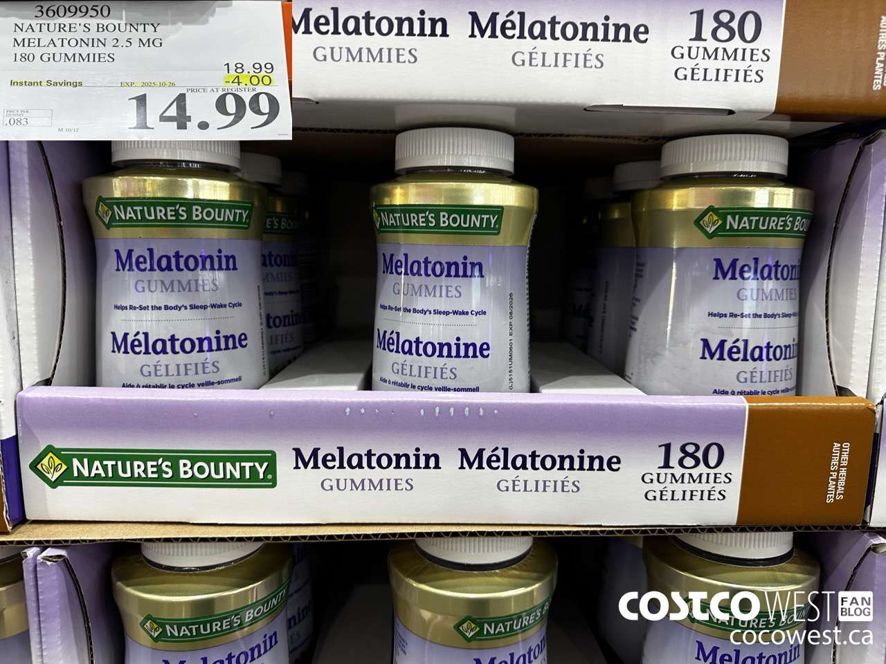 3609950 NATURE'S BOUNTY MELATONIN GUMMIES 180 GUMMIES ($4.00 INSTANT SAVINGS EXPIRES ON 2025-10-26) $14.99