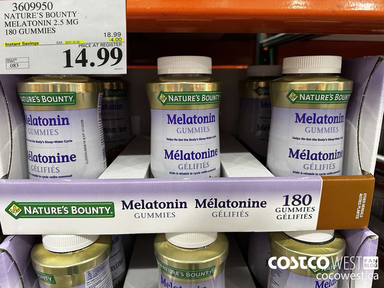 3609950 NATURE'S BOUNTY MELATONIN GUMMIES 180 GUMMIES ($4.00 INSTANT SAVINGS EXPIRES ON 2025-10-26) $14.99