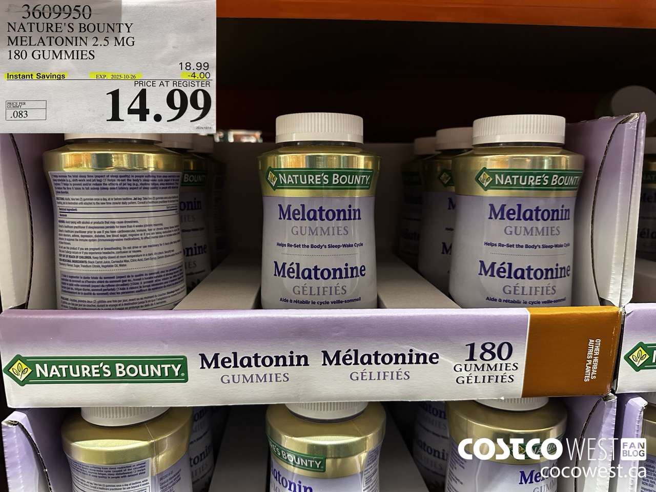3609950 NATURE'S BOUNTY MELATONIN GUMMIES 180 GUMMIES ($4.00 INSTANT SAVINGS EXPIRES ON 2025-10-26) $14.99