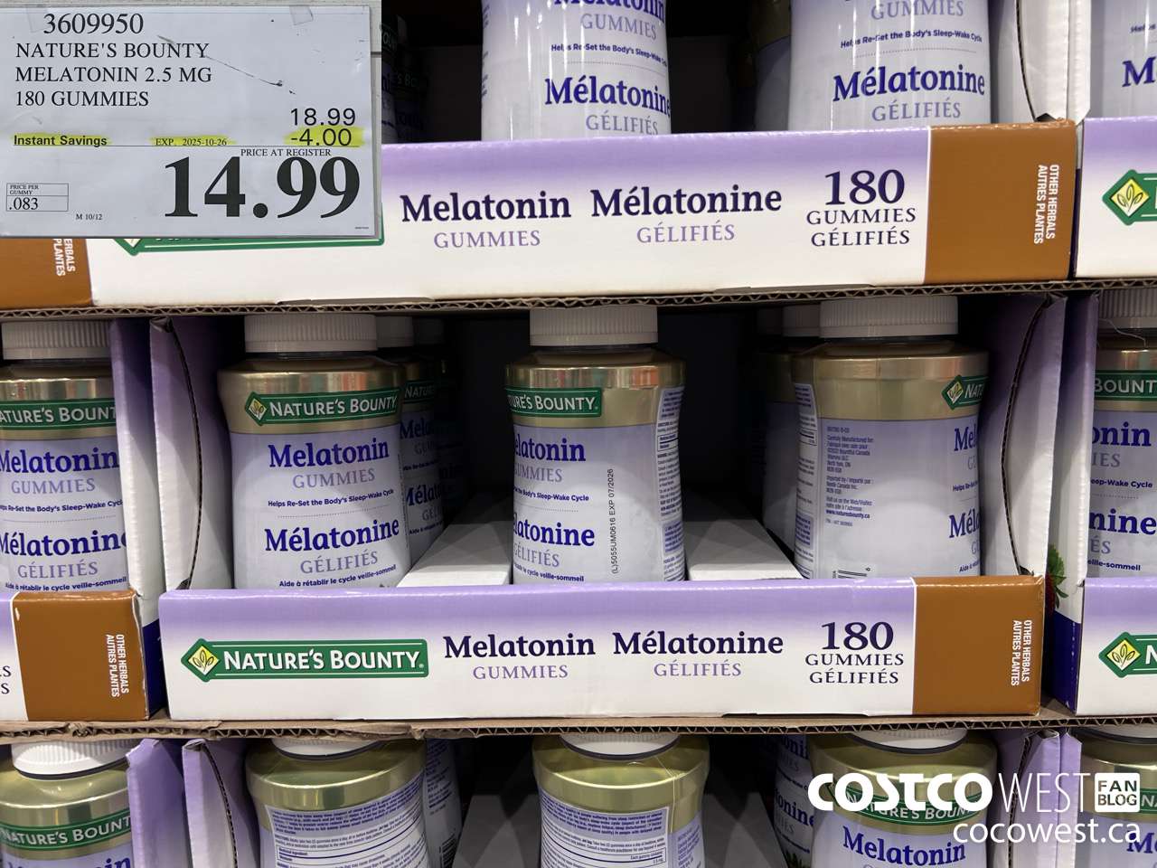 3609950 NATURE'S BOUNTY MELATONIN GUMMIES 180 GUMMIES ($4.00 INSTANT SAVINGS EXPIRES ON 2025-10-26) $14.99