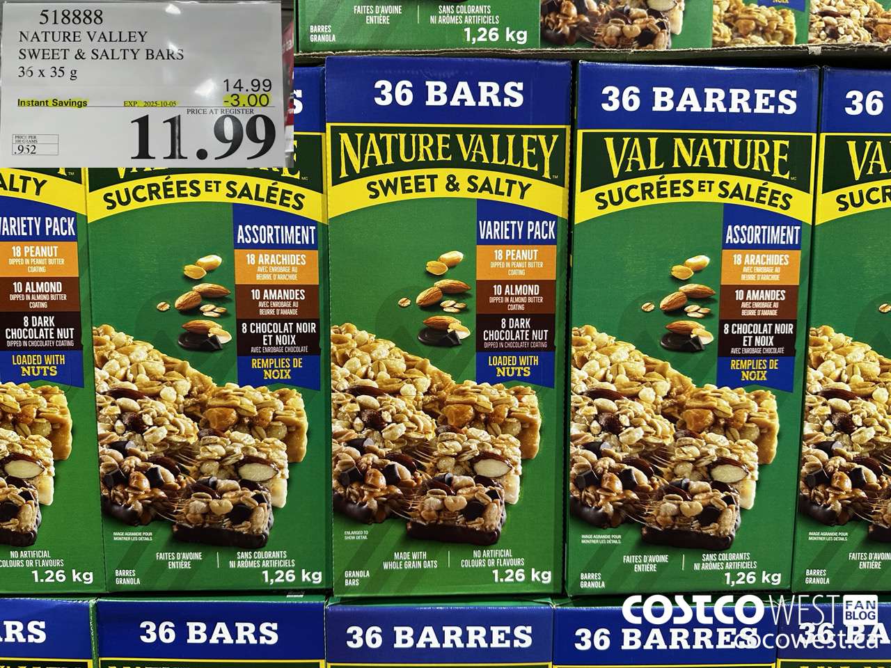 518888 NATURE VALLEY SWEET & SALTY BARS 36 X 35 G ($3.00 INSTANT SAVINGS EXPIRES ON 2025-10-05) $11.99