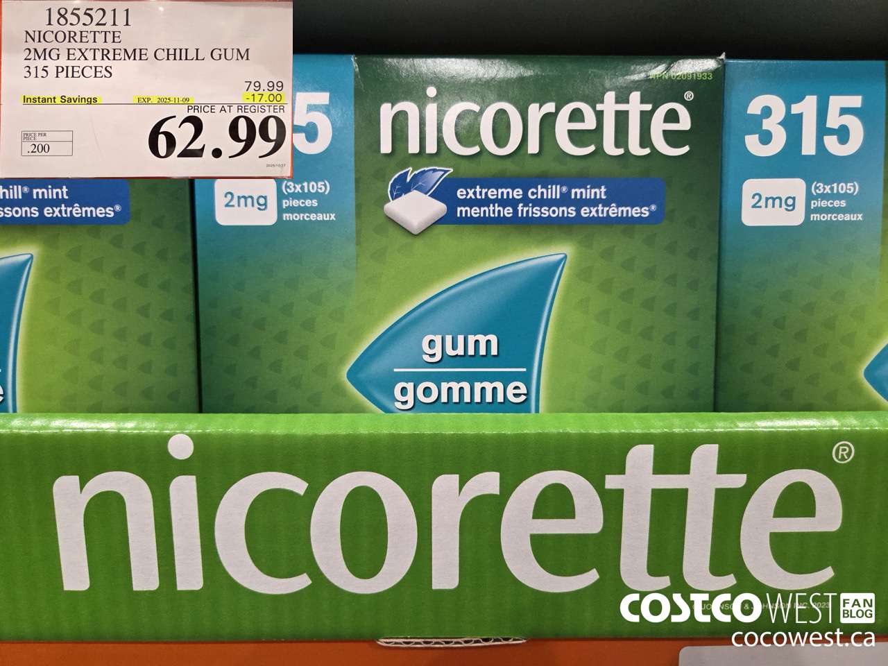 1855211 NICORETTE 2MG EXTREME CHILL GUM 315 PIECES ($17.00 INSTANT SAVINGS EXPIRES ON 2025-11-09) $62.99