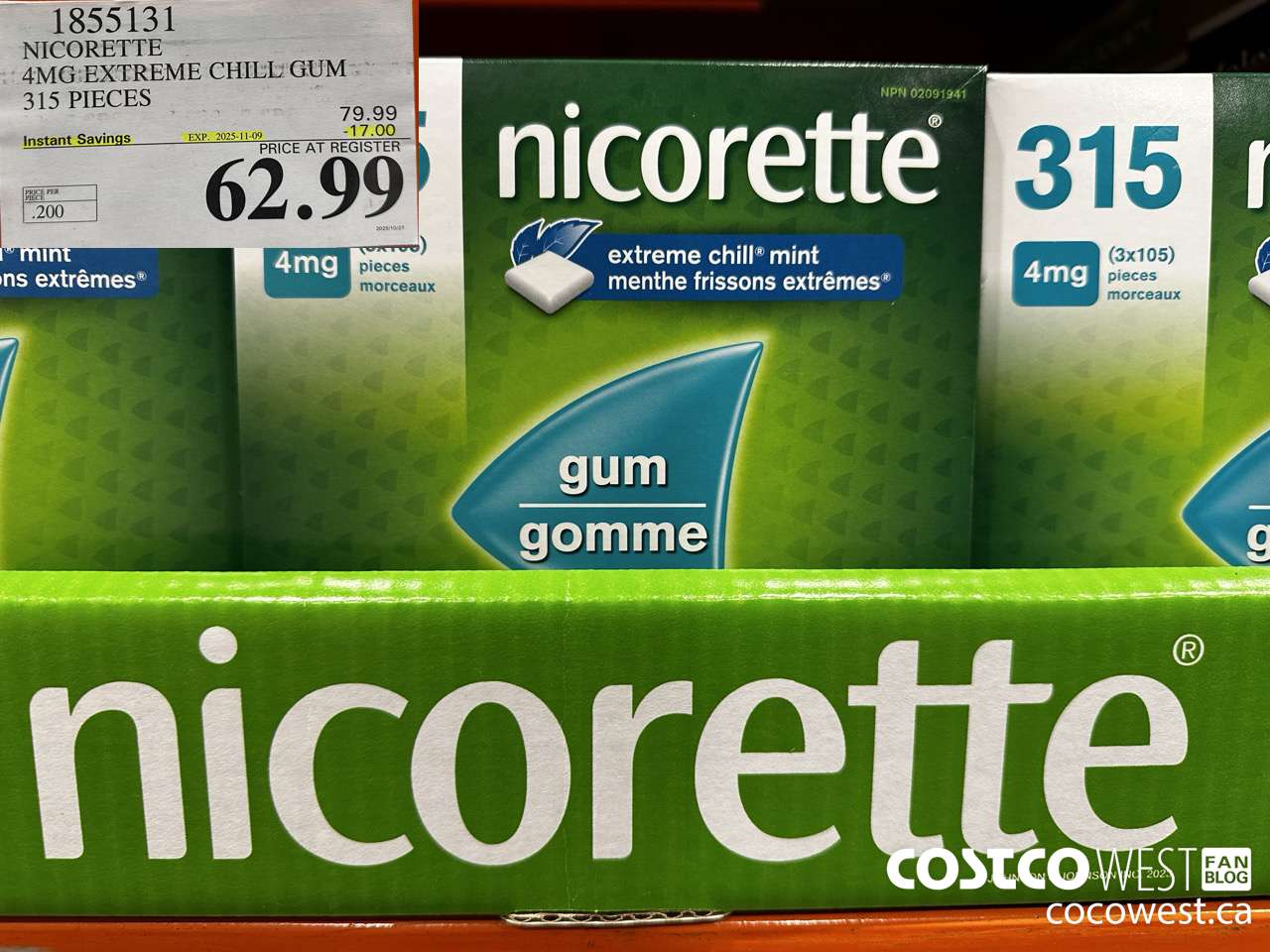 1855131 NICORETTE 4MG EXTREME CHILL GUM 315 PIECES ($17.00 INSTANT SAVINGS EXPIRES ON 2025-11-09) $62.99