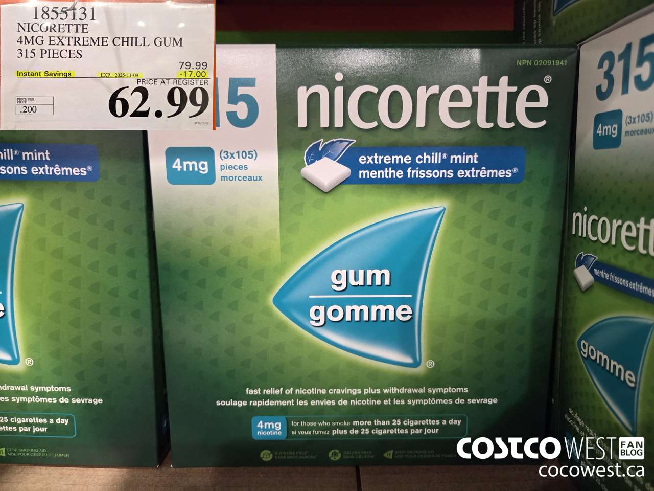 1855131 NICORETTE 4MG EXTREME CHILL GUM 315 PIECES ($17.00 INSTANT SAVINGS EXPIRES ON 2025-11-09) $62.99